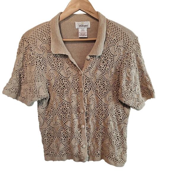 Vintage Worthington Cardigan Womens Large Beige Crochet Knit Cottagecore 90s Y2K - Picture 1 of 9